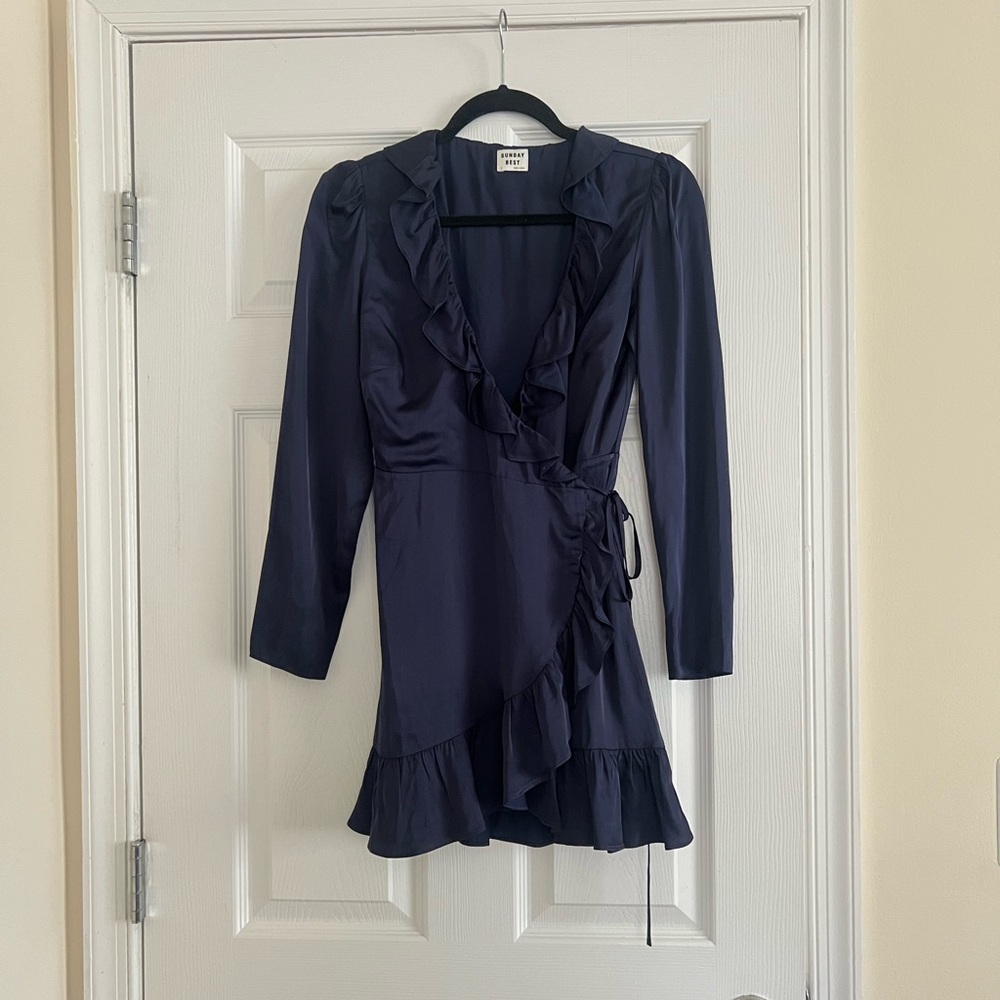 Aritzia Sunday Best Navy Ruffle Wrap Dress